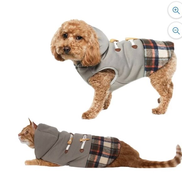 Vibrant Life Dog Pet Cat Clothes Grey & Plaid Hooded Jacket with Faux Toggles - Picture 1 of 4